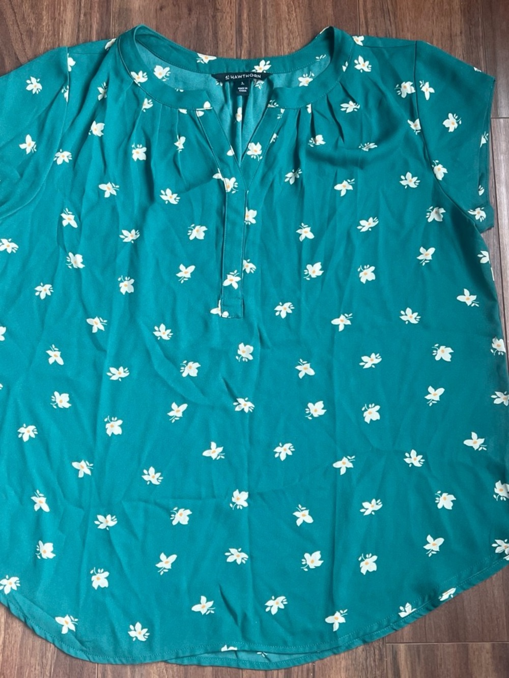 41 Hawthorn Teal Floral Pleated Notch-Neck Blouse